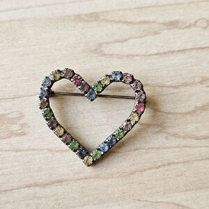 Heart Brooch Pin Multicolor Rhinestones Crystals Silver Tone Vintage